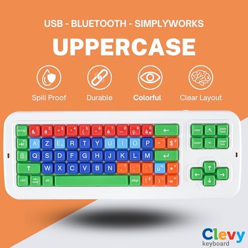Clevy Keyboard Tri-Mode Uppercase - Kids Uppercase USB & Blutooth Compatible Colorful Spill Proof Keyboard for Early Education - Designed to Help Teach Computer and Keyboard Skills to Children