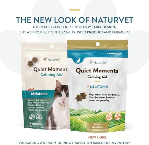 NaturVet Quiet Moments Calming Plus Melatonin Cat Supplement - 50 Count | Calming Aid for Cats - Reduce Stress, Pet Storm Anxiety, Motion Sickness - Great for Grooming, Separation and Travel
