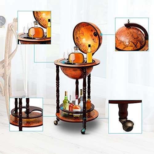 17" Wooden Globe Wine Rack, Wooden Globe Wine Bar Stand, Freely Movable Stable Liquor Bottle Shelf, Nautical Chart Wine Storage Cabinet