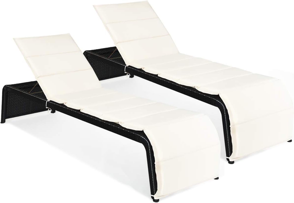 Tangkula Outdoor Chaise Lounge Chair, 5-Position Adjustable Rattan Recliner Chair w/Cushioned Seating and Adjustable Feet