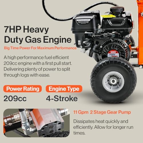 SuperHandy Portable 25 Ton Gas Log Splitter with 7HP Engine, Bucher Gear Pump