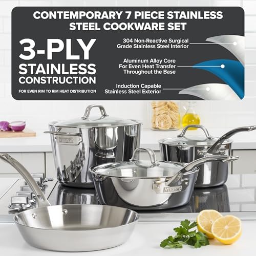 Viking Contemporary 3-Ply Pots and Pans Set, 10 Piece Stainless Steel Kitchen Cookware, Silver