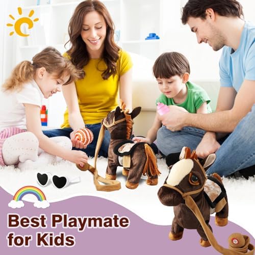 Marsjoy Walking Pony Toy Musical Singing Dancing Plush Interactive Pony Walk Along Horse with Leash Plush Stuffed Animal Shaking Head Buttocks Toy