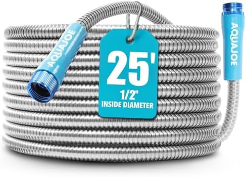 Aqua Joe 50-Foot Heavy Duty Garden Hose, Spiral 304 Stainless Steel Metal Hose, Puncture Proof, 1/2 Inch Diameter with Aluminum Fittings, AJSGH50