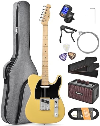 Leo Jaymz Beginner Electric Guitar Complete Kit with Portable Amp, Padded Gig Bag & Full Accessories, Maple Neck (TL-White)