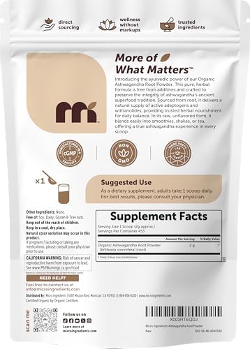 Micro Ingredients Organic Ashwagandha Root Powder, 2 lb | 453 Servings | Pure Withania Somnifera Root | Ancient Ayurvedic Herb