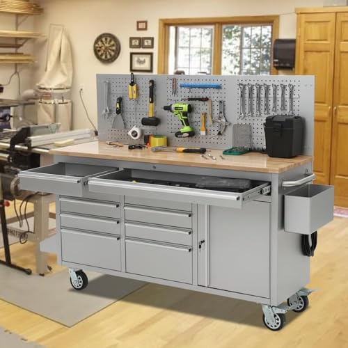 61-Inch Rolling Tool Chest with 10 Drawers & Power Strip, Solid Rubber Wood Top, 1675 LBS Load Heavy Duty Mobile Workstation, Locking System and Drawer Liners for Garage Warehouse Shop, Black