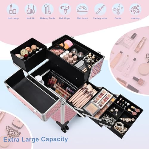 Stagiant Rolling Makeup Train Case Large Storage Cosmetic Trolley 4 Tray with Sliding Rail Removable Middle Layer with Key Swivel Wheels Salon