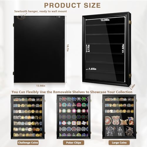 ASmileIndeep 7 Rows Military Challenge Coin Holder Display Cabinet Wall Mount with HD Tempered Glass, Holds 100 Coins, Wooden Medal Display Case Shadow Box with Removable Shelves, Mahogany