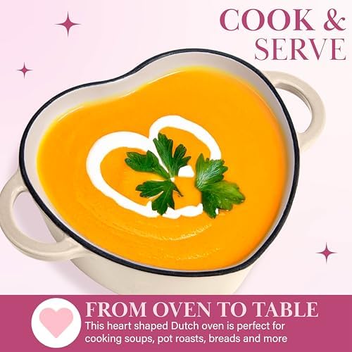 Paris Hilton Enameled Cast Iron Dutch Oven Pot with Lid, Heart-Shaped Dutch Oven, Durable Cast Iron Pot with Dual Handles, Oven Safe to 500°F, Works on All Stovetops, 2-Quart, Cream