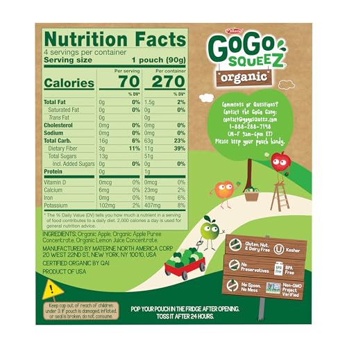 GoGo squeeZ No Sugar Added Organic Applesauce, Apple Apple, 48 Count | Kids on the go fruit snack made with applesauce & fruit puree; 3.2 oz pouches, gluten and nut free, recloseable cap, BPA-free