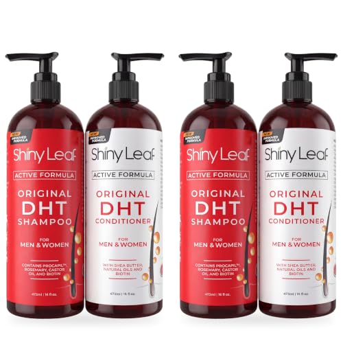 Shiny Leaf DHT Blocker Shampoo and Conditioner Set with Biotin, 2 x 16 oz | DHT blocker shampoo and conditioner with biotin, rosemary oil and asparagus extract for thinning hair. For men and women
