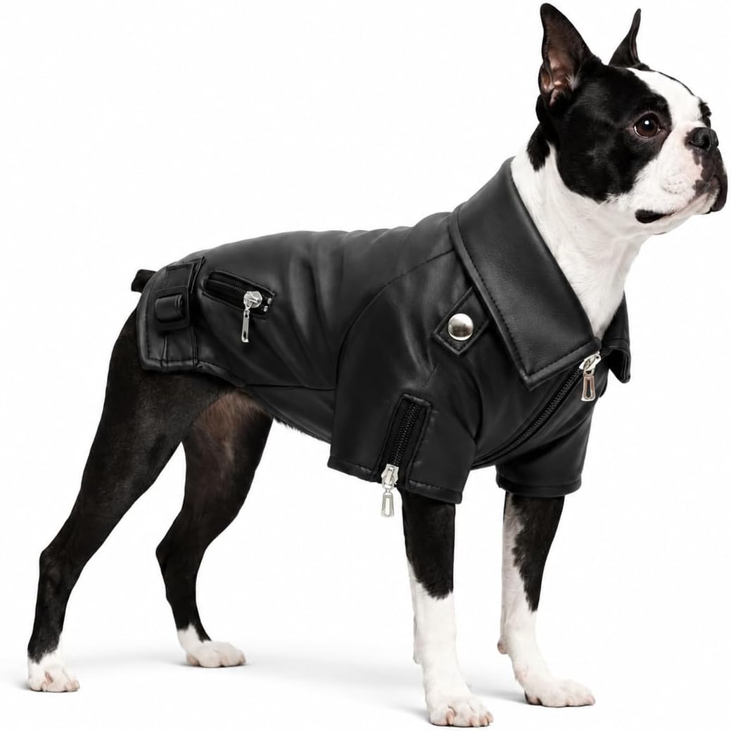 Lovelonglong Cool Dog Leather Jacket, Warm Coats Dogs Windproof Cold Weather Coats for Large Medium Small Dogs with Eagle Embroidery Black XS
