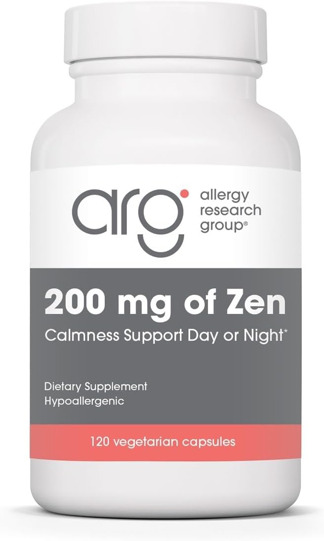 Allergy Research Group ARG 200 mg of Zen - Supports Calm and Stress Balance - Delivers 200 mg L-Theanine & 550 mg GABA per Serving - Vegetarian & Hypoallergenic - 60 Servings - 120 Capsules