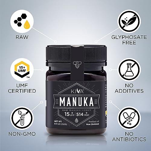 Kiva Raw Manuka Honey - Certified UMF 15+, MGO 514+ 100% Pure Genuine New Zealand, Non-GMO, Traceable (8.8oz/250g Bottle)