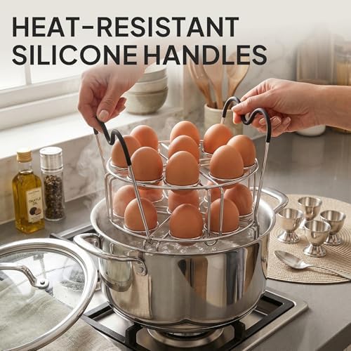 Stackable Egg Steamer Rack Holds 18 Eggs with Handles, Stainless Steel Instant Pot Trivet Fits 6qt/8qt Pressure Cooker