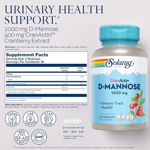 SOLARAY D-Mannose with CranActin Cranberry 400 mg, 60 VegCaps | Urinary Tract & Bladder Support - D-Mannose, CranActin Cranberry & Vitamin C - 30 Servings - Vegan, Lab Verified