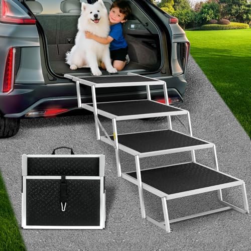 Dog Stairs for Car, Extra Wide Dog Stairs for Large Dogs, Foldable Dog Ramp for Car, Pet Steps Light Weight Aluminum, High Beds, for SUV Trucks