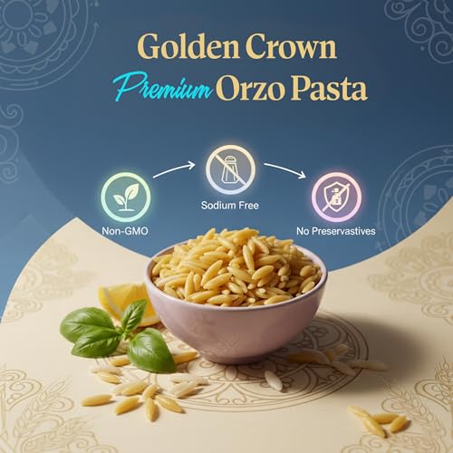 Golden Crown Orzo Pasta - Non GMO & Vegan - All Natural Rice-shaped Pasta in Bronze Cut - Made with 100% Whole Wheat - Perfect for Cold Salad