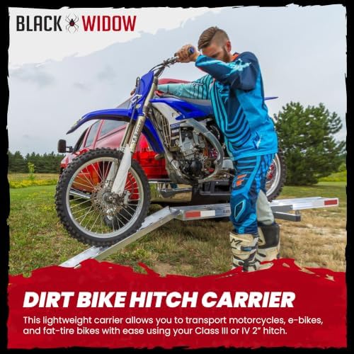 Black Widow Aluminum Dirt Bike Hitch Carrier with Ramp, 400 lb Capacity | Non-Folding Motorcycle, eBike & Fat Tire Bike Hauler for Truck & SUV, Fits 2-Inch Class III/IV Hitch Receiver