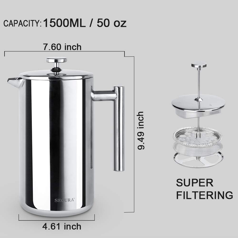Secura French Press Coffee Maker, 304 Grade Stainless Steel Insulated Coffee Press with 2 Extra Screens, 34oz (1 Litre), Silver