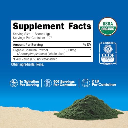 Nutricost Organic Spirulina Powder (1LB) 454 Grams, Pure, Vegan | Certified Organic Spirulina