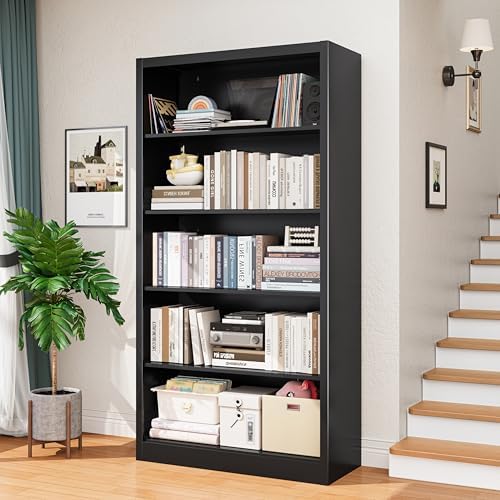 66 in Black Heavy Duty Metal Bookshelf, 5-Tier Adjustable Tall Bookcase, Industrial Floor Standing Storage Shelf 180 lbs Load Per Shelf for Living Room Home Office Bedroom Garage