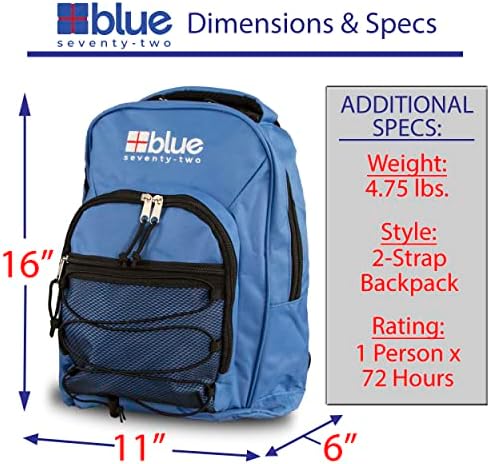 Blue Seventy-Two | 72 Hour Emergency Backpack Survival Kits for 1 Person | Survival Kit for Wildfires, Earthquakes, Tornado, Hurricane