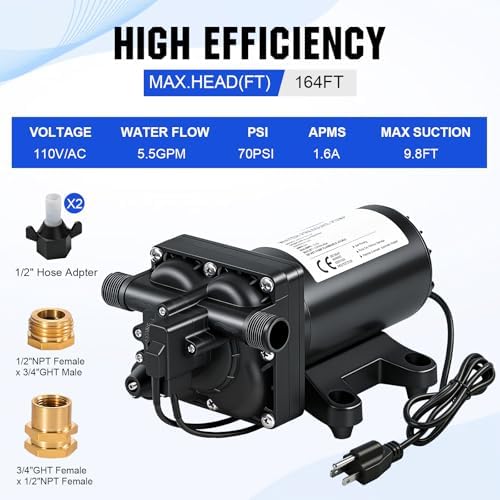 ECO-WORTHY 110V AC Fresh Transfer Diaphragm Water Pump On Demand 5.5GPM 70PSI High Pressure Water Booster Pump 110 Volt with Pressure Switch for