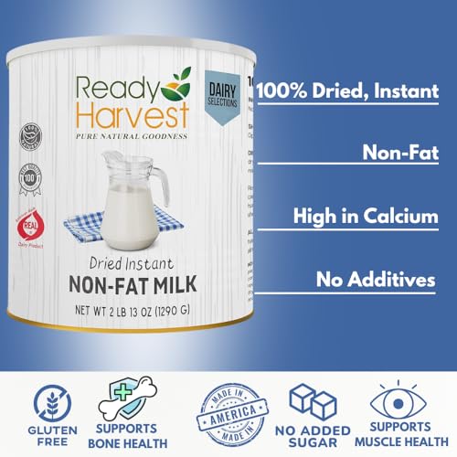 Ready Harvest Emergency Food - Non-Fat Milk Powder | Powdered Milk | Survival Food | #10 Can | 25-Year Shelf Life | 2 lbs | Cans Filled to the Top