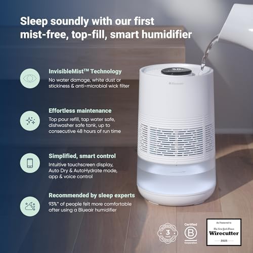BLUEAIR Premium Smart Humidifier for Large Rooms, Bedrooms, Better Sleep with Evaporative Invisible Mist Tech, Auto Humidify, Easy Top Fill