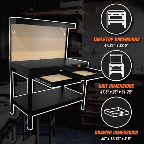 WEN WB4723T 48-Inch Workbench with Power Outlets and Light, Black