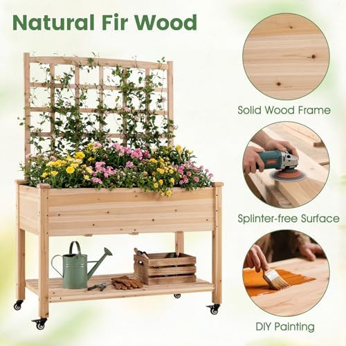 GIANTEX Raised Garden Bed on Wheels, Wood Planter Box with Legs, Liner, Drain Holes, Elevated Garden Bed for Vegetables
