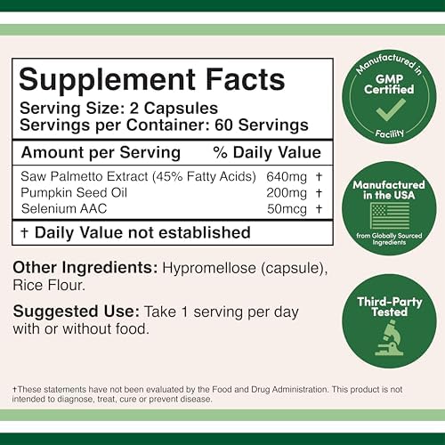 Prostate Support Saw Palmetto + Pumpkin Seed Oil, Fewer Night Trips, 120ct | Daily Prostate + Urinary Control Supplement, Saw Palmetto
