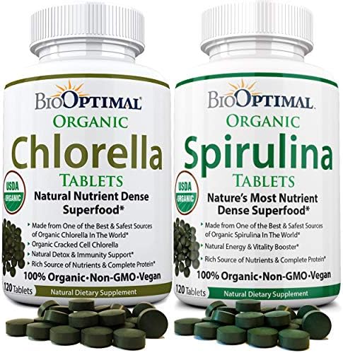 BioOptimal Chlorella Spirulina - Bundle - Organic Chorella Tablets & Organic Spirulina Tablets, 120 Count Each