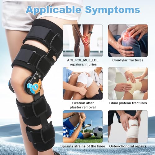 Hinged Knee Brace ROM Post Op Knee Immobilizer Adjustable Knee Immobilizer Support with Side Leg Stabilizersfor Meniscus Tear, Arthritis, ACL, PCL