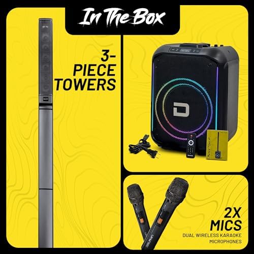 Dolphin Karaoke Bluetooth Party Speaker with 2 Wireless Mics, 10" Woofer | 200W RMS, Adjustable 3-Piece Tower Design, WaveSync TWS Pairing, USB/AUX