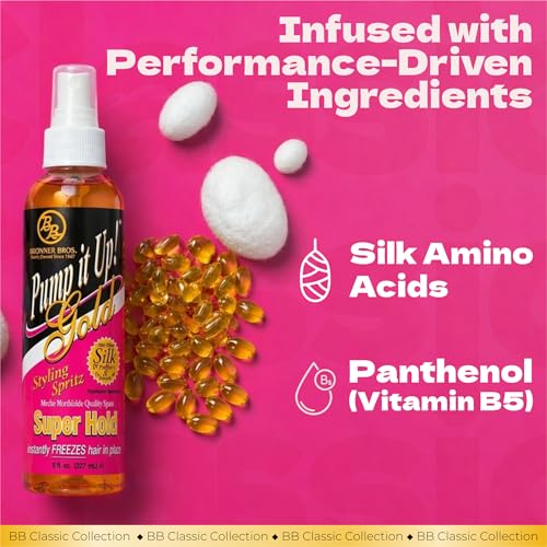 Bronner Bros Pump It Up Gold Styling Spritz, Super Hold Hairspray, 8oz | For Styling & Finishing, Fast-Drying Hair Spray