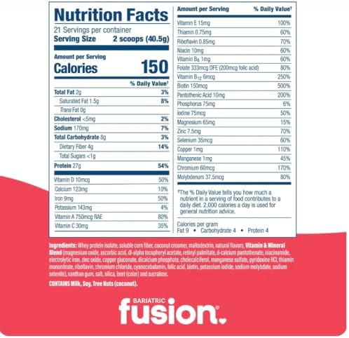Bariatric Fusion Cappucino Meal Replacement 27g Protein Powder, 21 Serving Tub for Bariatric Surgery Patients Including Gastric Bypass and Sleeve Gastrectomy - No Gluten, Aspartame or Sugar
