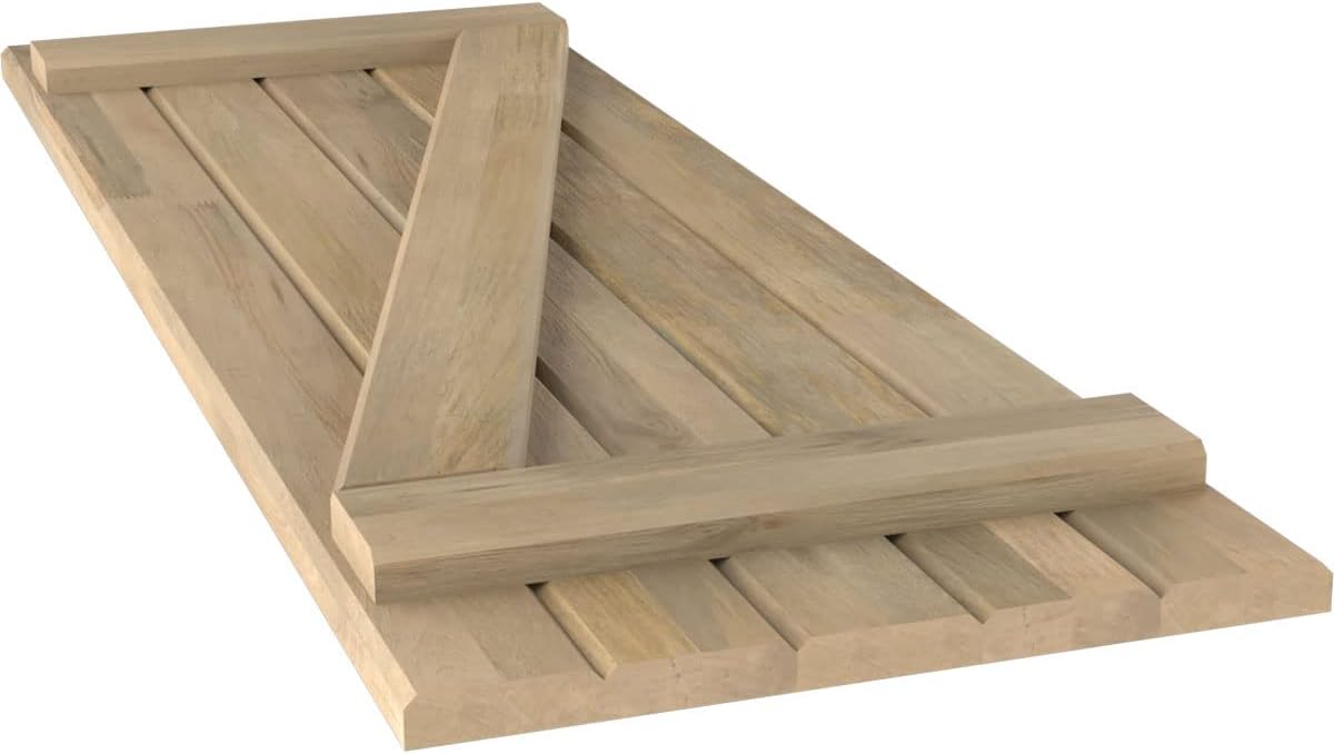 17 1/2"W x 48"H Americraft Five Board (2 Batten) Exterior Real Wood Joined Board-n-Batten Shutters w/Z-Bar (Per Pair), Unfinished