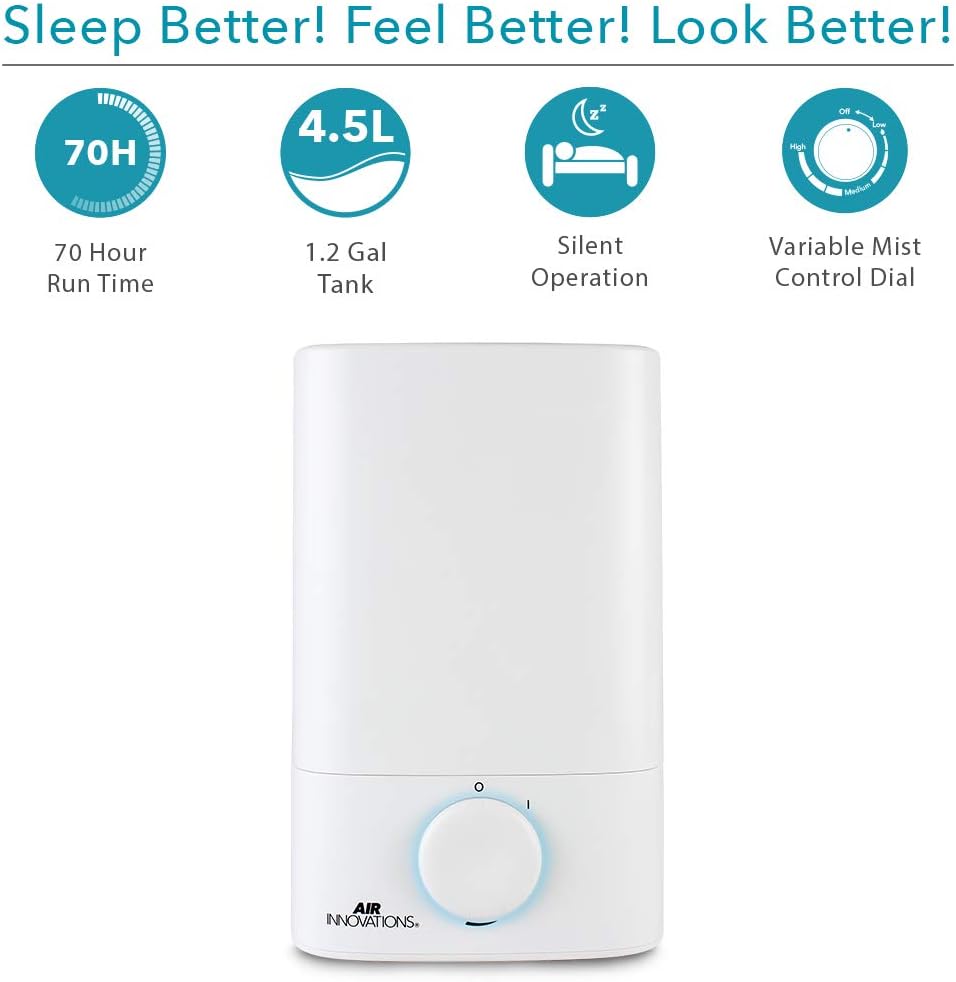 Air Innovations Humidifiers for Bedroom Convenient Oversized 4.5L Tank Runs for 70 Hours for Large Room up to 400 Sq Ft Top Fill Cool Mist