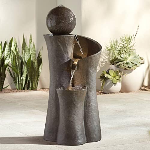 Modern Sphere Curve Cascading 39 1/2" Large LED Outdoor Indoor Fountain | Zen Decor Faux Stone Floor with Light Waterfall Water Feature for Outside