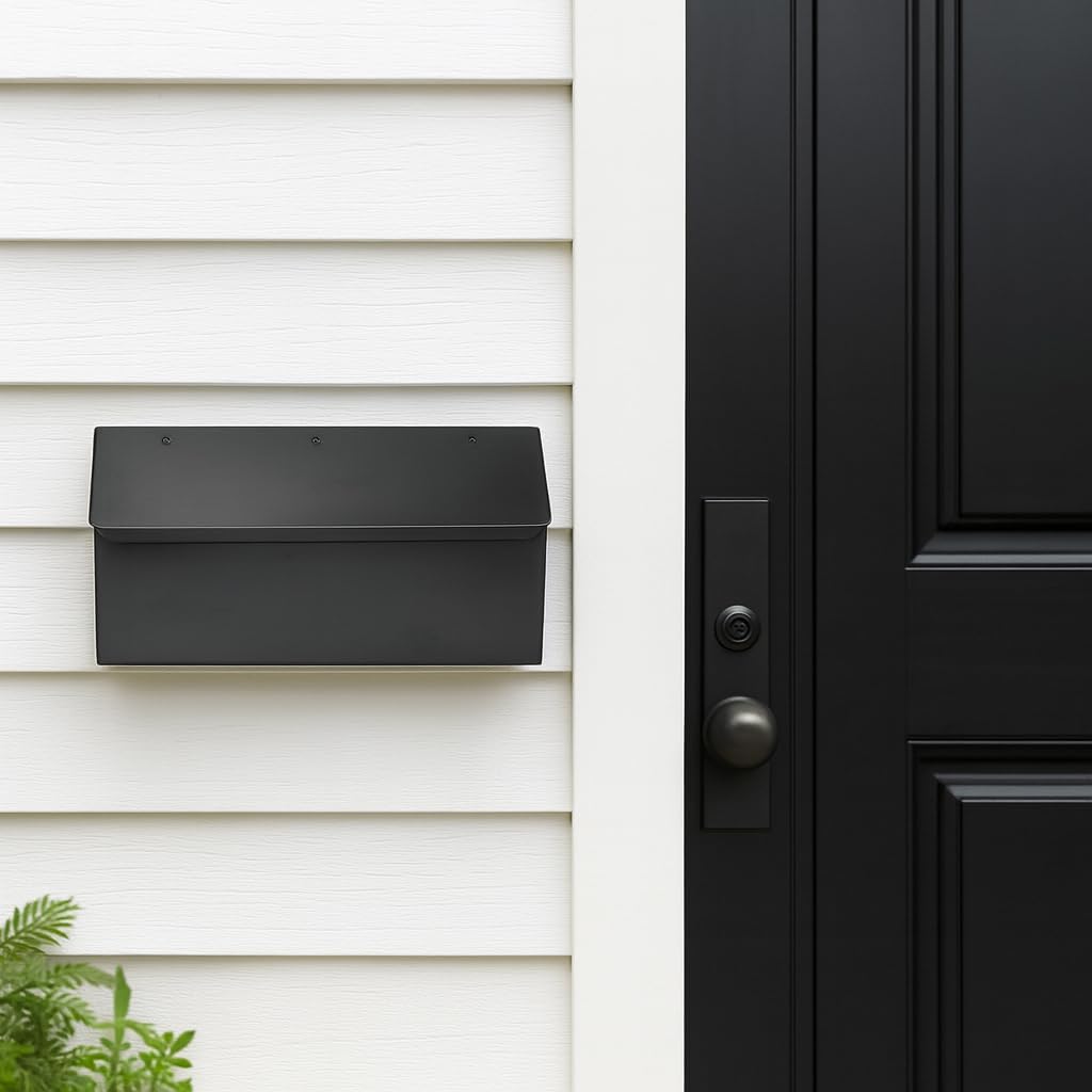 NACH Black Envelope Wall Mount Mailbox, Rust Resistant Metal Mailbox, Black Mailbox Wall Mount, Mailboxes for Outside Wall Mount, Outdoor Mailboxes, Wall Mailbox, 14.1 x 3.5 x 6 Inches, MB-6915BLK