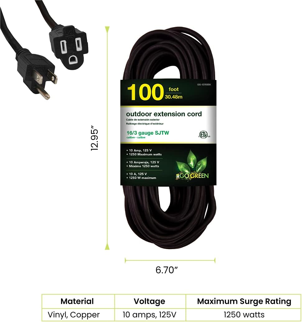 Go Green Power Inc. (GG-14025) 12/3 SJTW Outdoor Extension Cord, Lighted End, 25 ft