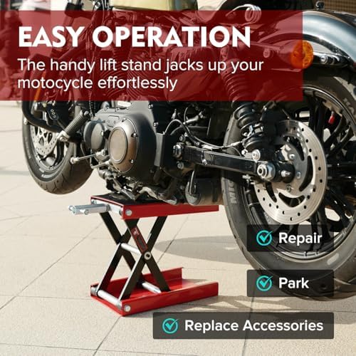 Motorcycle Lift Scissor Jack, 1200 LB Capacity Wide Deck Hoist Stand Maintenance Bikes ATVs Garage Repair Center Stand Lift Jack, Red