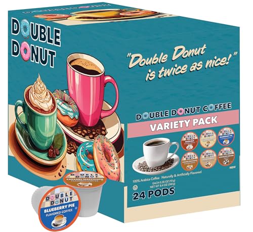 Double Donut Coffee Variety Pack - Recyclable Single Serve Flavored Coffee Pods, 24 Count for Keurig K-Cup Coffee Makers