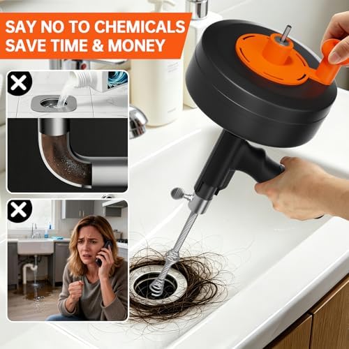 25ft Drain Auger Heavy Duty, Professional Plumbing Snake with Drill Adapter, Manual & Powered Clog Remover for Kitchen, Bathroom, Shower Sink & Bathtub, Flexible Pipe Snake Cleaner with Gloves