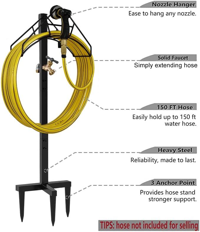 Artigarden Freestanding Garden Hose Holder Hanger, Heavy Duty Metal Water Hose Reel Storage Stand Rack for Yard Lawn, Bright Black (Hose not Included)