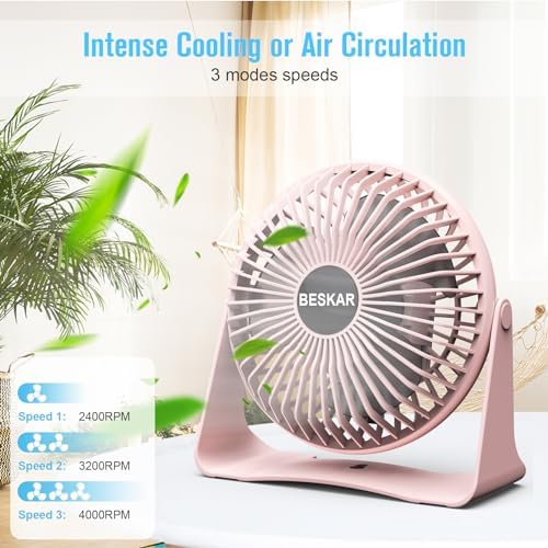 BESKAR USB Small Desk Fan, Portable Table Fans with 3 Speeds Strong Airflow