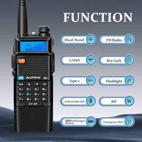 BAOFENG UV-5R Ham Radio Handheld Walkie Talkie Long-Range TwoWay Radio 2PCS | 3800mAh Rechargeable 8-Watt BAOFENG Radio UV5R, Type-C Charging